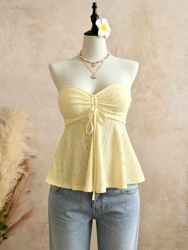 Sc656a81a85984695ac53bf527dc86935y.webp Women Yellow Eyelet Lace Tube Top Casual Ruched Tie Front Peplum Strapless Camisole