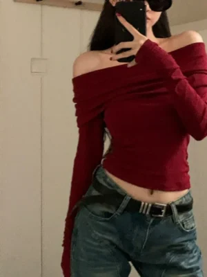 Sc759c043783746a28b0c32be7e580cces.webp Women Off Shoulder Long Sleeve Knitted T-shirt Sexy Tops Solid Elegant Autumn Winter New Spicy Girl Slim Fit Short Red Crop Top