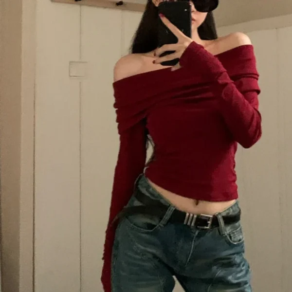 Sc759c043783746a28b0c32be7e580cces.webp Women Off Shoulder Long Sleeve Knitted T-shirt Sexy Tops Solid Elegant Autumn Winter New Spicy Girl Slim Fit Short Red Crop Top
