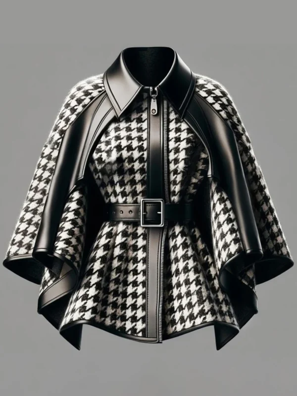 Sc899a4ecafc94858a117fe058d399c02V.webp Houndstooth Pattern Women's Jacket Asymmetrical Cape Sleeves Fashionable Harajuku Street Style Zipper Loose Jacket