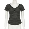 Scaa529836f61479ca7509f015159c40fe.webp Goth Dark Casual Women Short Sleeve Striped T-shirts Y2K Fashion V-neck Button-up T-Shirt E-girl Slim Basic Tops Mall Goth Cloth
