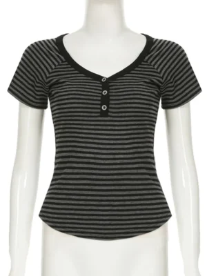Scaa529836f61479ca7509f015159c40fe.webp Goth Dark Casual Women Short Sleeve Striped T-shirts Y2K Fashion V-neck Button-up T-Shirt E-girl Slim Basic Tops Mall Goth Cloth