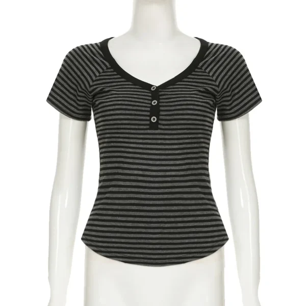 Scaa529836f61479ca7509f015159c40fe.webp Goth Dark Casual Women Short Sleeve Striped T-shirts Y2K Fashion V-neck Button-up T-Shirt E-girl Slim Basic Tops Mall Goth Cloth