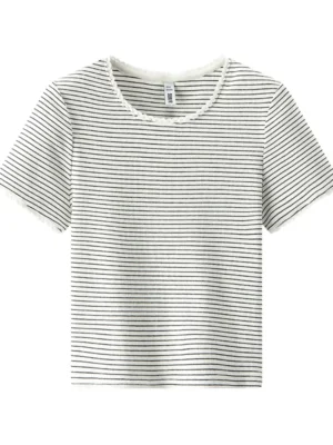 Scb3f5caf4ee54e1f938ef4d11722a37bC.webp Semir Womens Tshirt 2026 Short Lace Crew Neck Slim Striped Elegant Gentle Casual Soft