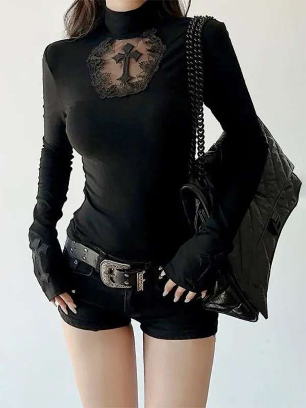 Scbef14bea289461e879d484ba3c6fca7Z.webp Turtleneck Top Y2k Clothes Black Gothic Cross Hollow Slimming Bottom T Shirt for Women Long Sleeve Sexy T-shirt Girls Tops