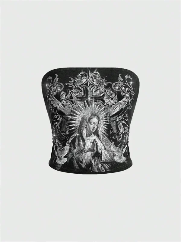 Gothic Print Tube Top for Women Summer Y2K Clothes Grunge Sleeveless Off The Soulder Crop Top Streetwear