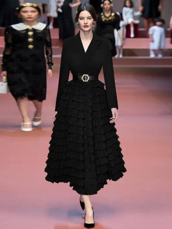 Suit Collar Spliced Office Lady Dress 2025 Spring Lace-Up Ruffled Cake Large Hem Design Sense Women's Long Dresses With Belt