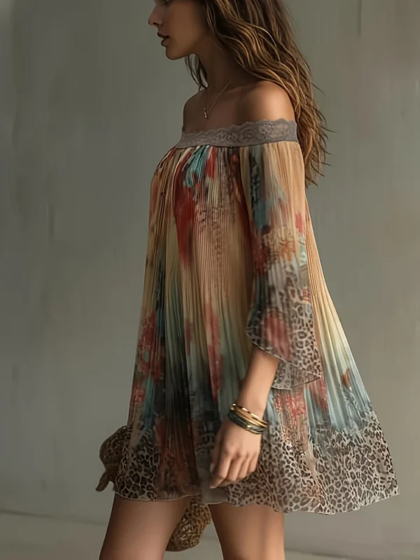 Scd8d586fe86b4374a7ca84e654023d942.webp Casual Long Sleeve Chiffon Dress Vintage One-shoulder Lace Spliced Short Dress Summer Elegant Leopard Printed Pleated Mini Dress