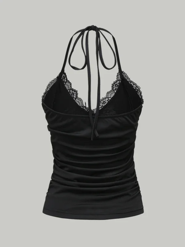 Sce230e3e7bac4b57aeb03a7385ea8757Y.webp Sexy Lace V-neck Cropped Halter Tops For Women Summer 2025 Solid Color Casual Sleeveless Backless Ruched Tank Top Tee Shirt