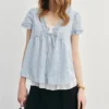 Blue Summer Women's irt V-ne Puffy Sve Loose Faionable ort-sved Knot Top Korean Sle Sweet Loose