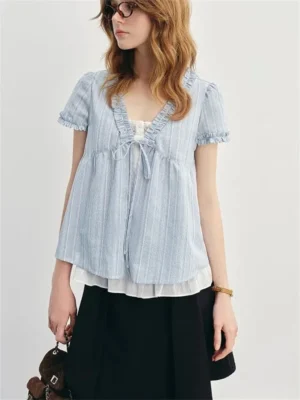 Blue Summer Women's irt V-ne Puffy Sve Loose Faionable ort-sved Knot Top Korean Sle Sweet Loose