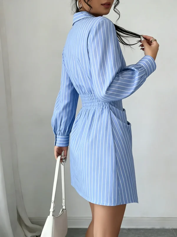 Sd4cf4f60e97e4fad9243300c1f1f7b3c0.webp Women Dress Striped Wrap V Neck Ruched Shirt Mini Dress Chic New Spring Summer Preppy Dress Office Work Date Tailored Dress