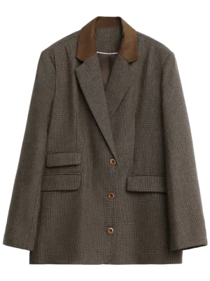 CHIC VEN Women's Woolen Blazer Loose Retro Single Breasted Female Jacket Mid Length Plaid Coat for Woman Autumn Winter 2024