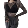 Sdb753a08a37c4d4aaf80188bef61e39dO.webp Womens Sexy Mesh Long Sleeve Fishnets Tops Fun Fashion Slim Fit Tops Hollow Out See Through Loose Female T-shirts Crop soft Top