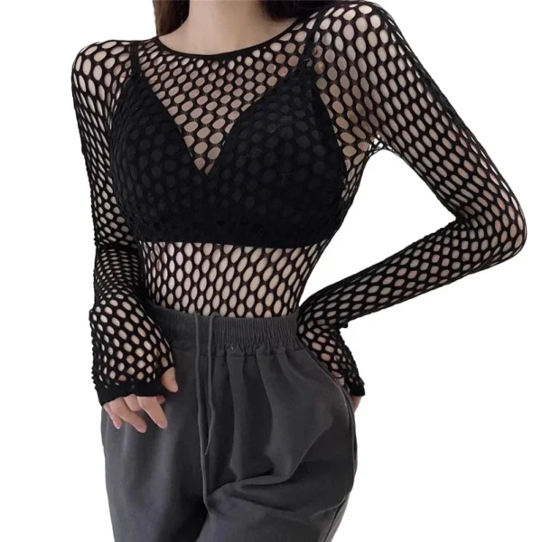 Sdb753a08a37c4d4aaf80188bef61e39dO.webp Womens Sexy Mesh Long Sleeve Fishnets Tops Fun Fashion Slim Fit Tops Hollow Out See Through Loose Female T-shirts Crop soft Top