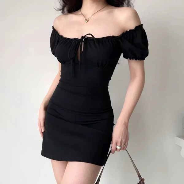 Sde102dbe9de54860851a6c29f413c135A.webp Summer Sexy Mini Dress Women Short Sleeved Lace up Hollow Casual Backless Folds Bodycon Black Dress Party Elegant A-LINE Dresses