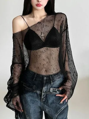 Sded3b116286949ffb5c528806e2c3b2dx.webp Sexy Club Mesh See Through T Shirt Women Black Hollow Out Long Sleeve Tees Female Summer Fashion Streetwear Basic Y2K Tops Lady