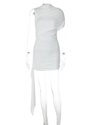 Sdf3012f3240e4b96a44ca72ca300c6ddW.webp Hugcitar White Turleneck Sleeveless Ruched Irregular Patchwork Pleated Mini Dress Summer Women Fashion Outfits Party Vacation