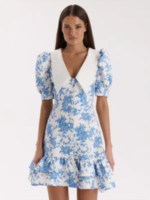 Sdf5fe69c1d1f40faa4e4f2d7005d1949Q.webp Talenza Elegant Ruffle Mini Dress Women Fashion Puff Sleeves Contrast Lapel New Dress Summer Party Women's Casual Dress Vestidos