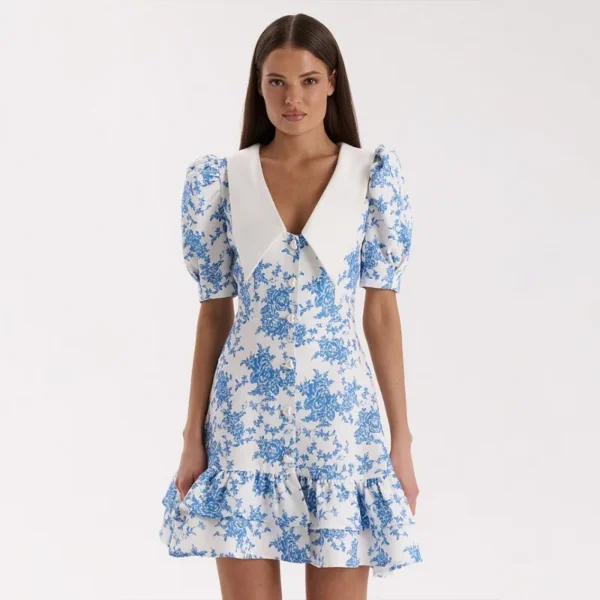 Sdf5fe69c1d1f40faa4e4f2d7005d1949Q.webp Talenza Elegant Ruffle Mini Dress Women Fashion Puff Sleeves Contrast Lapel New Dress Summer Party Women's Casual Dress Vestidos
