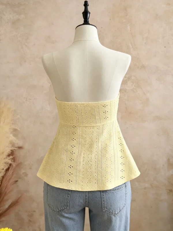 Sdf6629ad69a041dd8f7fe68101f3e086o.webp Women Yellow Eyelet Lace Tube Top Casual Ruched Tie Front Peplum Strapless Camisole