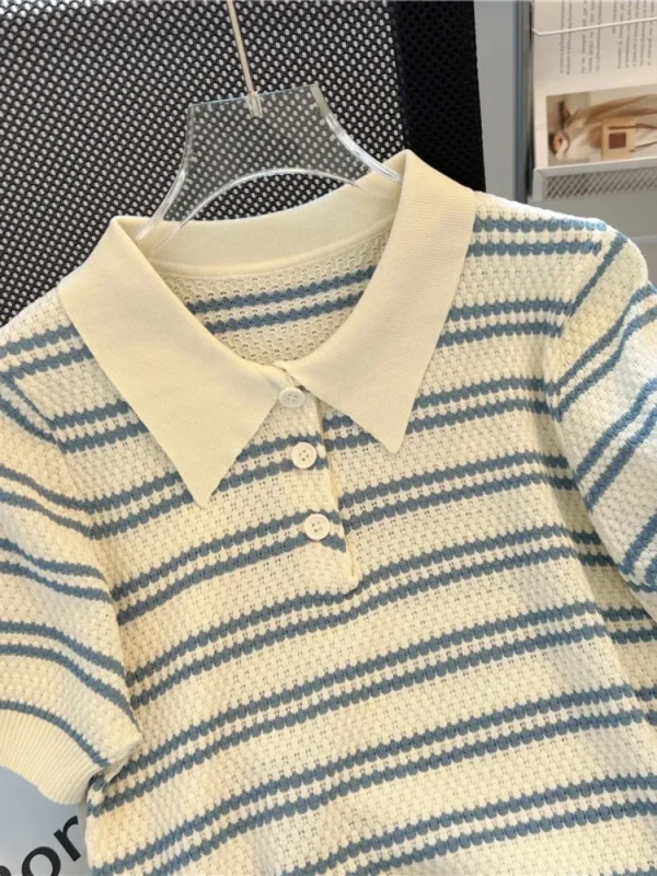 Se073d000bf6e4213acc59fe60069803e9.webp 2025 Polo Neck New Womens Knitting T-Shirt Striped Short Sleeve Women T Shirt for Female Slim Tops Woman T Shirts Clothing