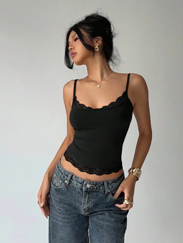 Se1ef0093f31f4d2e9a0854c7e1261dc2j.webp Women's Sexy Lace Trim U-Neck Basic Solid Color Slim Fit Cami Top Casual Spaghetti Straps Backless Crop Top Spring/Summer 2026