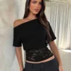 Se478dd79570f4be69a3a5b5ec90def33h.webp Dulzura Inclined Shoulder Short Sleeve Slim Lace Patchwork T-Shirt Women'S Vintage Sexy Casual Y2K Top Party Club Summer Clothes