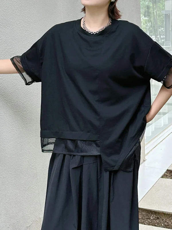 Se5346400638a4c0b8d815aeb33f44c0dl.webp Women Black Irregular Mesh Spliced Big Size T-shirt New Round Neck Short Sleeve Fashion Tide Spring Summer 2026