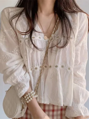 Se5b405a60169401d89b17fe3071a0c8dr.webp Women Fashion V-neck White Women Blouse Spring Flower Loose Hollow Shirt Korean Elegant Sweet Long Sleeve Short Tops Blusas