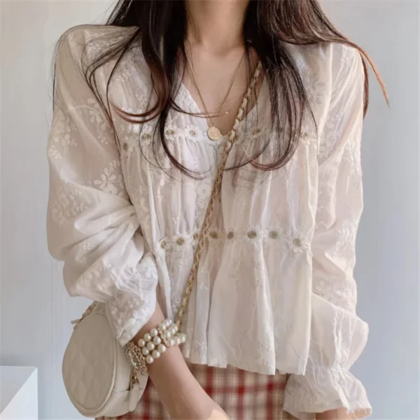Se5b405a60169401d89b17fe3071a0c8dr.webp Women Fashion V-neck White Women Blouse Spring Flower Loose Hollow Shirt Korean Elegant Sweet Long Sleeve Short Tops Blusas