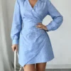 Se5bd07d717084f25b46b1eb4c675bbe6G.webp Women Dress Striped Wrap V Neck Ruched Shirt Mini Dress Chic New Spring Summer Preppy Dress Office Work Date Tailored Dress