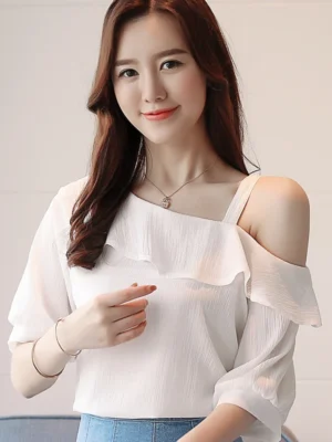 Se7033a4c58b247878bfd77c705c6ba7fo.webp Women's Shirt Tops One-Shoulder Ruffles Short-sleeved Chiffon Blouse