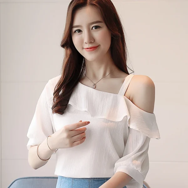 Se7033a4c58b247878bfd77c705c6ba7fo.webp Women's Shirt Tops One-Shoulder Ruffles Short-sleeved Chiffon Blouse