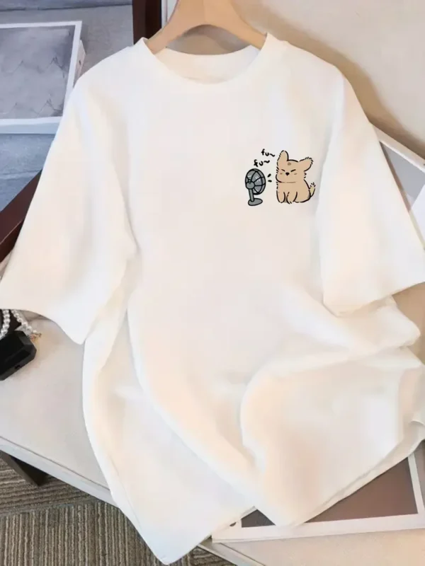 Se730d4914d574df5b59a8da1448df002q.webp Cute Dog with Fan Women's Crew Neck Short Sleeve T Shirt Cartoon Animal Print Cute & Trendy Y2k Top Kawaii Women Clothing