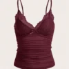 Se7938e99a2d8444db8892a2cf3a667daM.webp Sexy Contrast Lace Bow Front Crop Cami Top Women 2024 Summer Grunge Punk Y2K Clothes Ruched Skinny Backless Tee Shirt