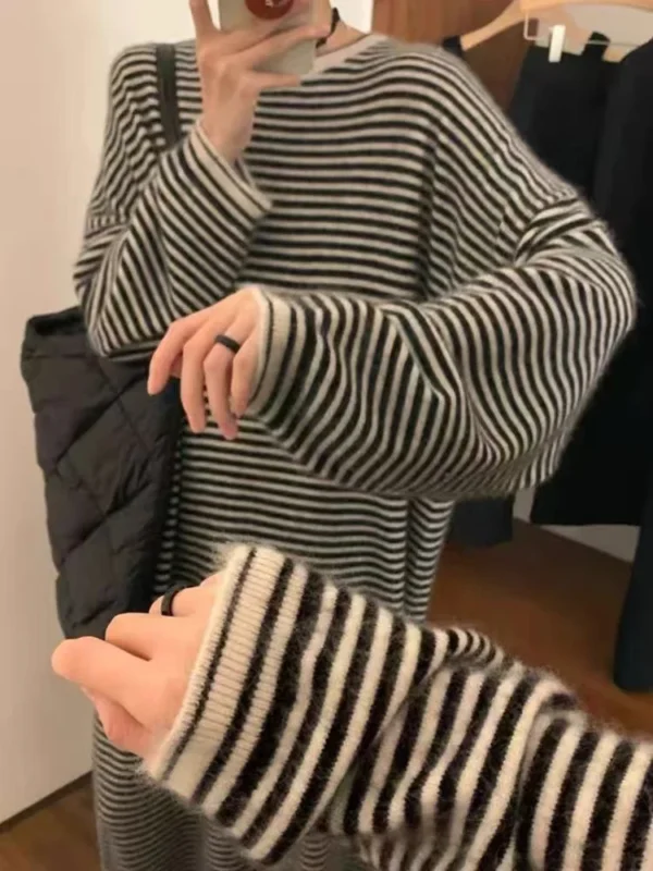 Se85a1e02b0a546b7a6f27ebeb979031aS.webp Lazy and comfortable 100% pure cashmere straight striped dress Joker knit bottoming shirt sweater skirt in autumn and winter