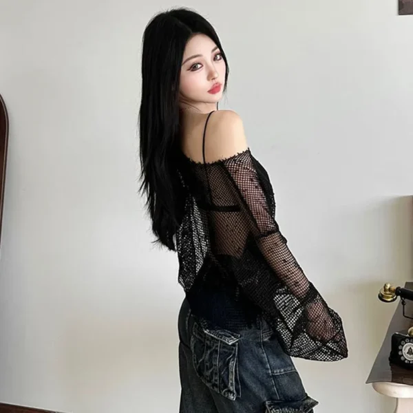 Seb278f31608d48c697619cdb60005b70F.webp Sexy Club Mesh See Through T Shirt Women Black Hollow Out Long Sleeve Tees Female Summer Fashion Streetwear Basic Y2K Tops Lady
