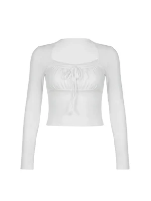 Seb9eb280aad24d0f8951867d3b361b86v.webp Bandage Folds Square Collar Crop Top Women Fairycore y2k White T Shirts Basic Knitted Elegant Tees Vintage 2000s Clothing