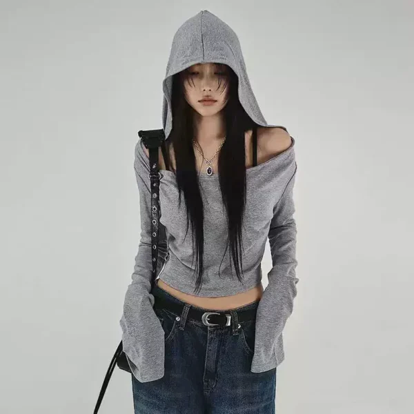 See5e83ef82de47cfbab16d342d91b23fA.webp Flare Long-sleeve Hooded Crop Top Women Fall Solid Color Elastic Casual Tee Shirt Pullover Pile Collar Y2k T-shirt