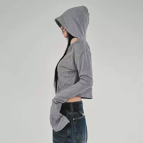Sefc7641a95644e70abd0e8023eb00e9bT.webp Flare Long-sleeve Hooded Crop Top Women Fall Solid Color Elastic Casual Tee Shirt Pullover Pile Collar Y2k T-shirt