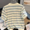 Sf160c014fb874bab9b936f66ddaa30bax.webp 2025 Polo Neck New Womens Knitting T-Shirt Striped Short Sleeve Women T Shirt for Female Slim Tops Woman T Shirts Clothing