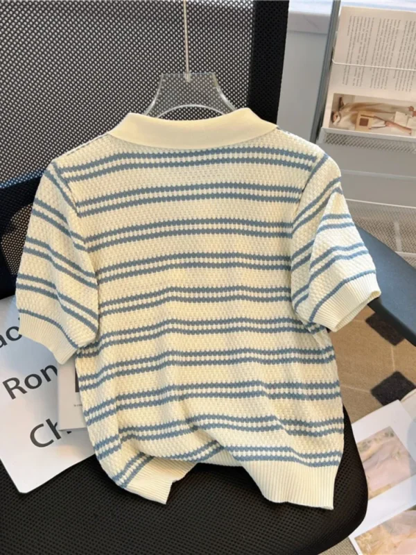 Sf160c014fb874bab9b936f66ddaa30bax.webp 2025 Polo Neck New Womens Knitting T-Shirt Striped Short Sleeve Women T Shirt for Female Slim Tops Woman T Shirts Clothing