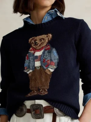 Classic Embroidered Bear Cotton Knitwear Loose Fit round Neck Versatile Autumn Winter Women's Fashion Street Style Sweater