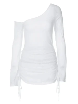 Sfb411326f3d14e799ec637981b039bdfM.webp Solid Skew Collar Ruched Straps Lace-Up See Through Draw String Mini Dress 2025 Summer Women Party Clubwear