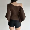Sfbbbc8f61e9e45449be7b7ec5ac2a559C.webp Retro Spice Girl T-shirt Irregular Off Shoulder Beaded Slanted Collar Pleated Short Sleeved Summer Unique Slimming Top for Women